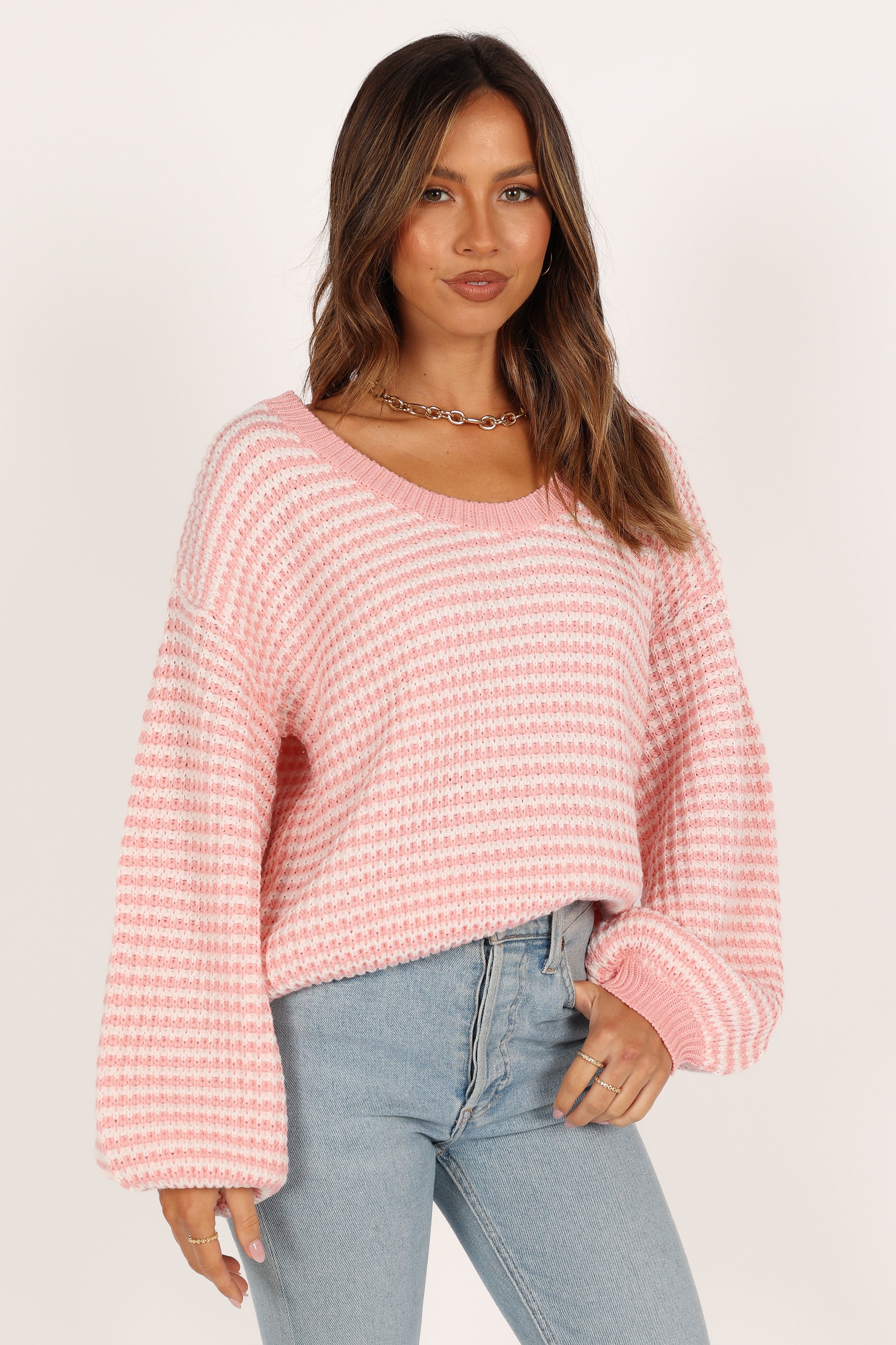 KNITWEAR Becca Crewneck Waffle Stitch Stripe Knit Sweater - Pink