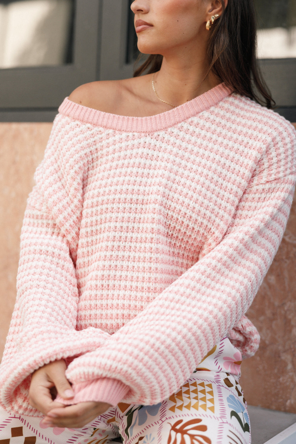 KNITWEAR Becca Crewneck Waffle Stitch Stripe Knit Sweater - Pink