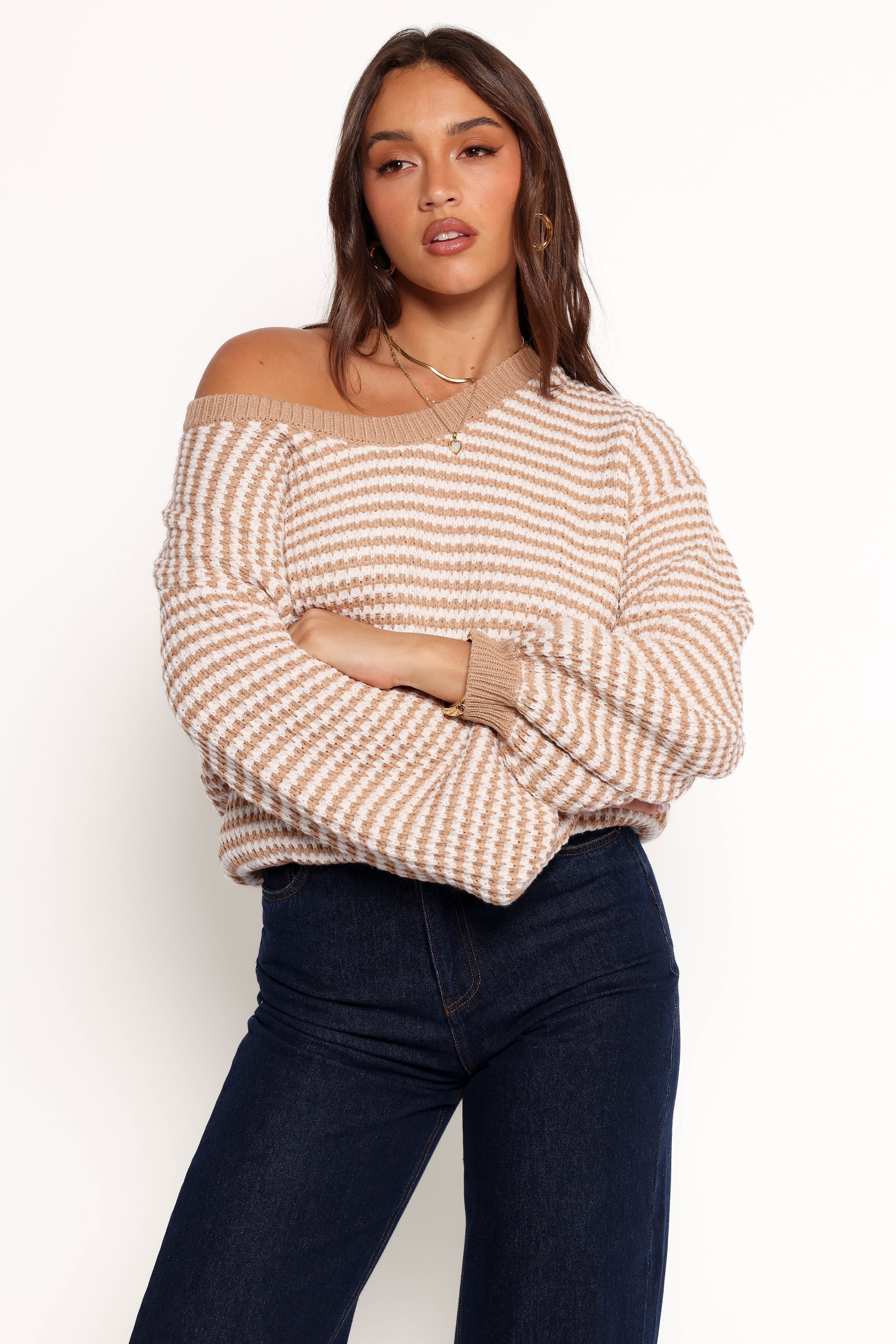 KNITWEAR Becca Crewneck Waffle Stitch Stripe Knit Sweater - Tan