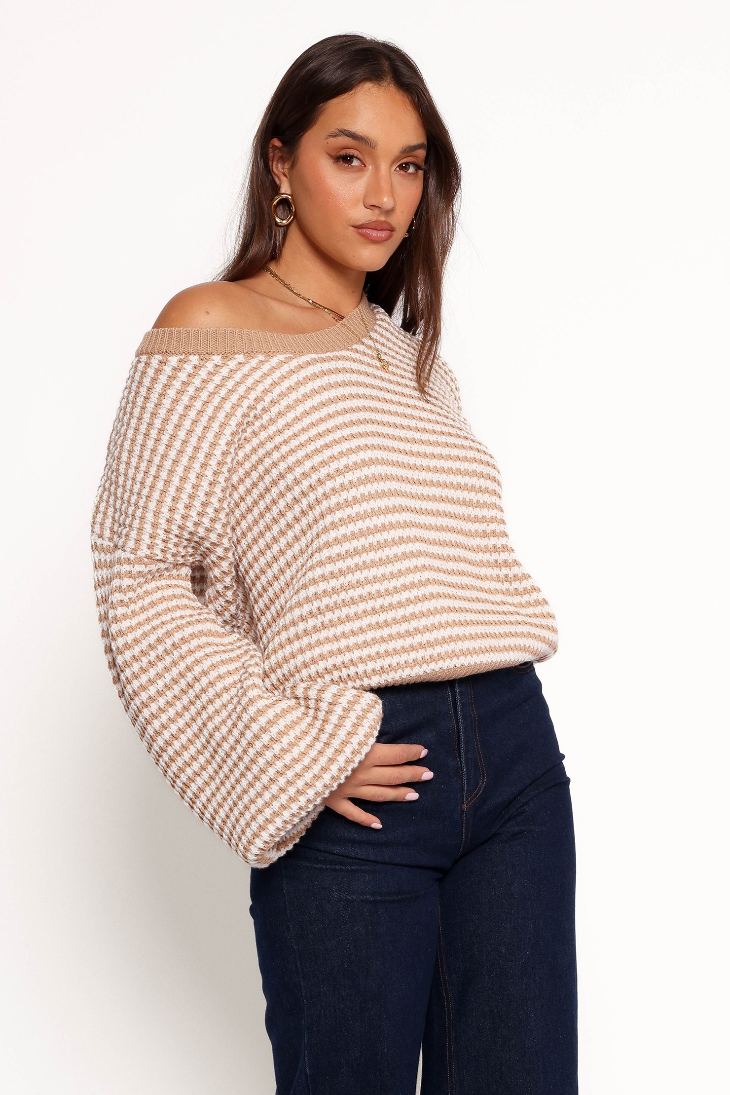 KNITWEAR Becca Crewneck Waffle Stitch Stripe Knit Sweater - Tan