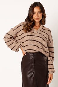 KNITWEAR @Bexley Collared Striped Knit Sweater - Mocha Brown