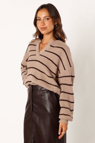 KNITWEAR @Bexley Collared Striped Knit Sweater - Mocha Brown