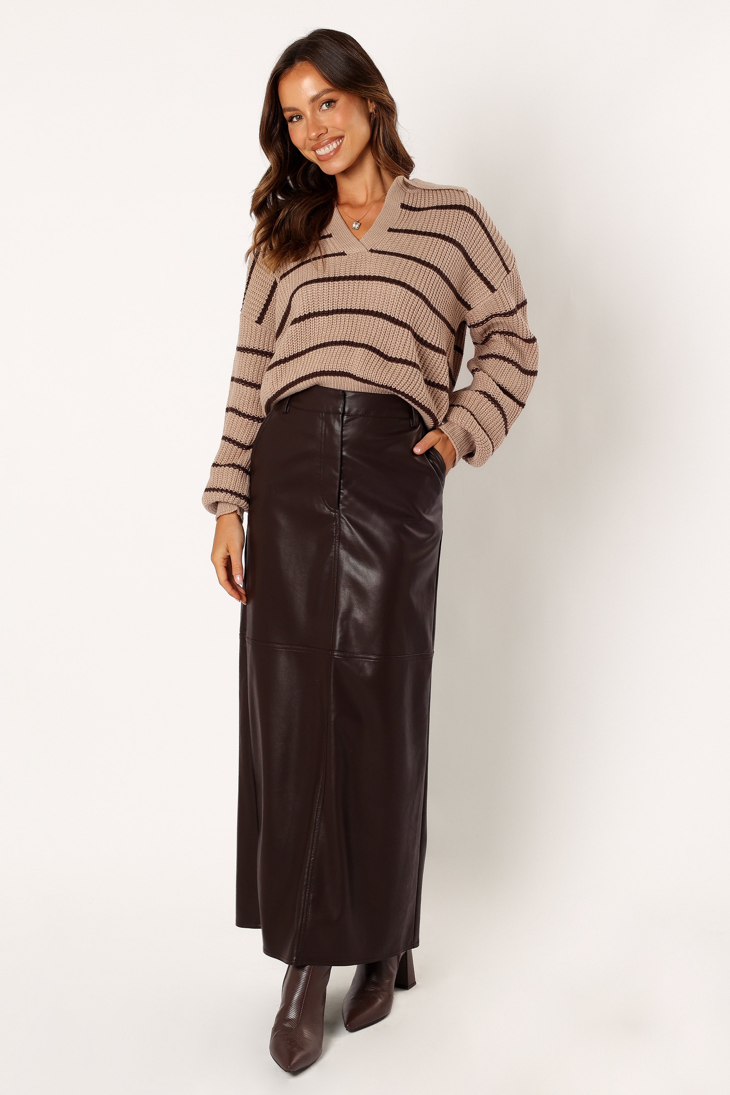 KNITWEAR @Bexley Collared Striped Knit Sweater - Mocha Brown