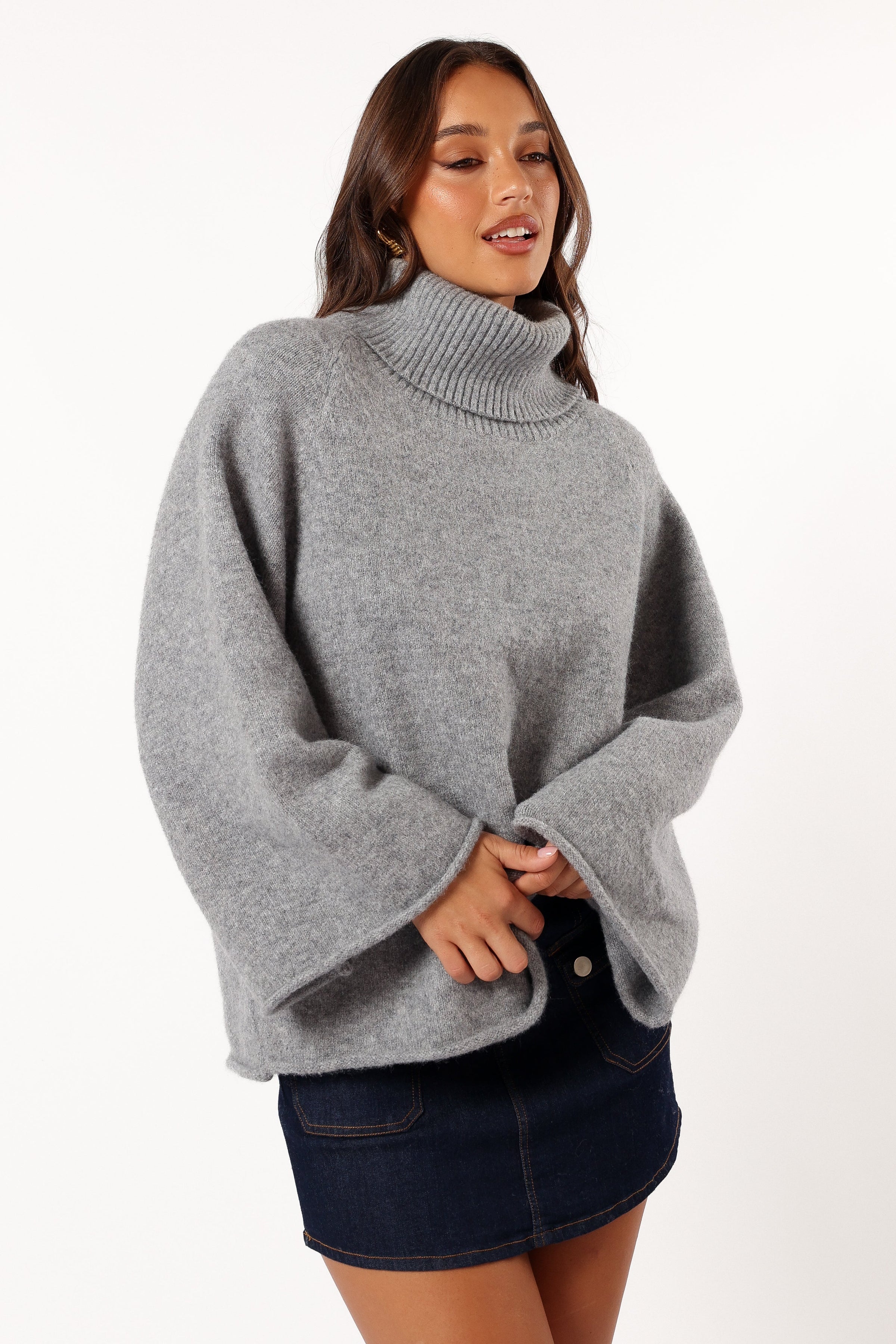KNITWEAR @Bindy Cowlneck Knit Sweater - Grey Marle