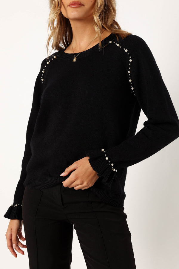 KNITWEAR @Blakely Pearl Detail Knit Sweater - Black