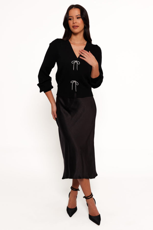 KNITWEAR Brayley Long Puff Sleeve Ribbon Trim Cardigan - Black