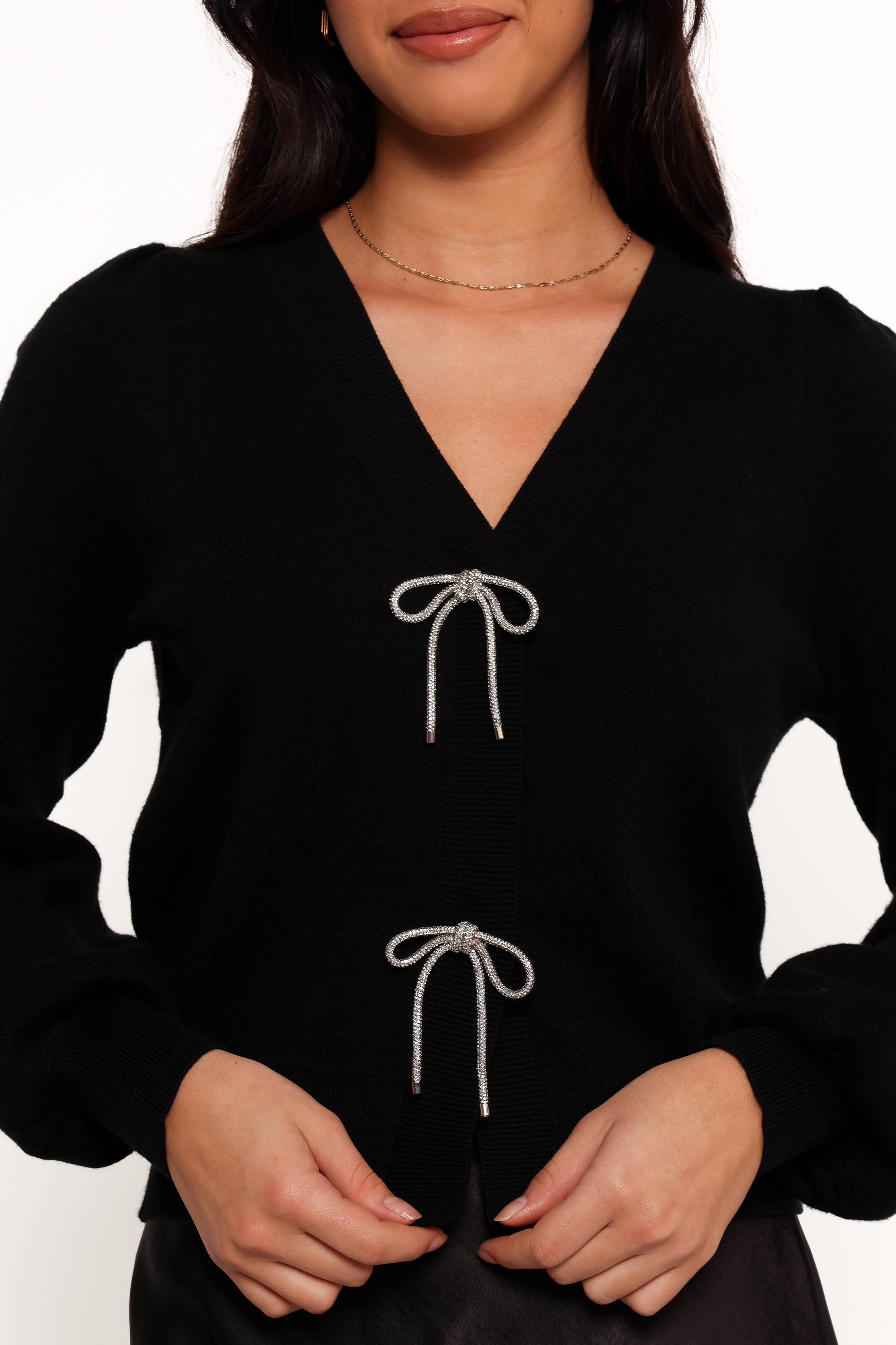 KNITWEAR Brayley Long Puff Sleeve Ribbon Trim Cardigan - Black