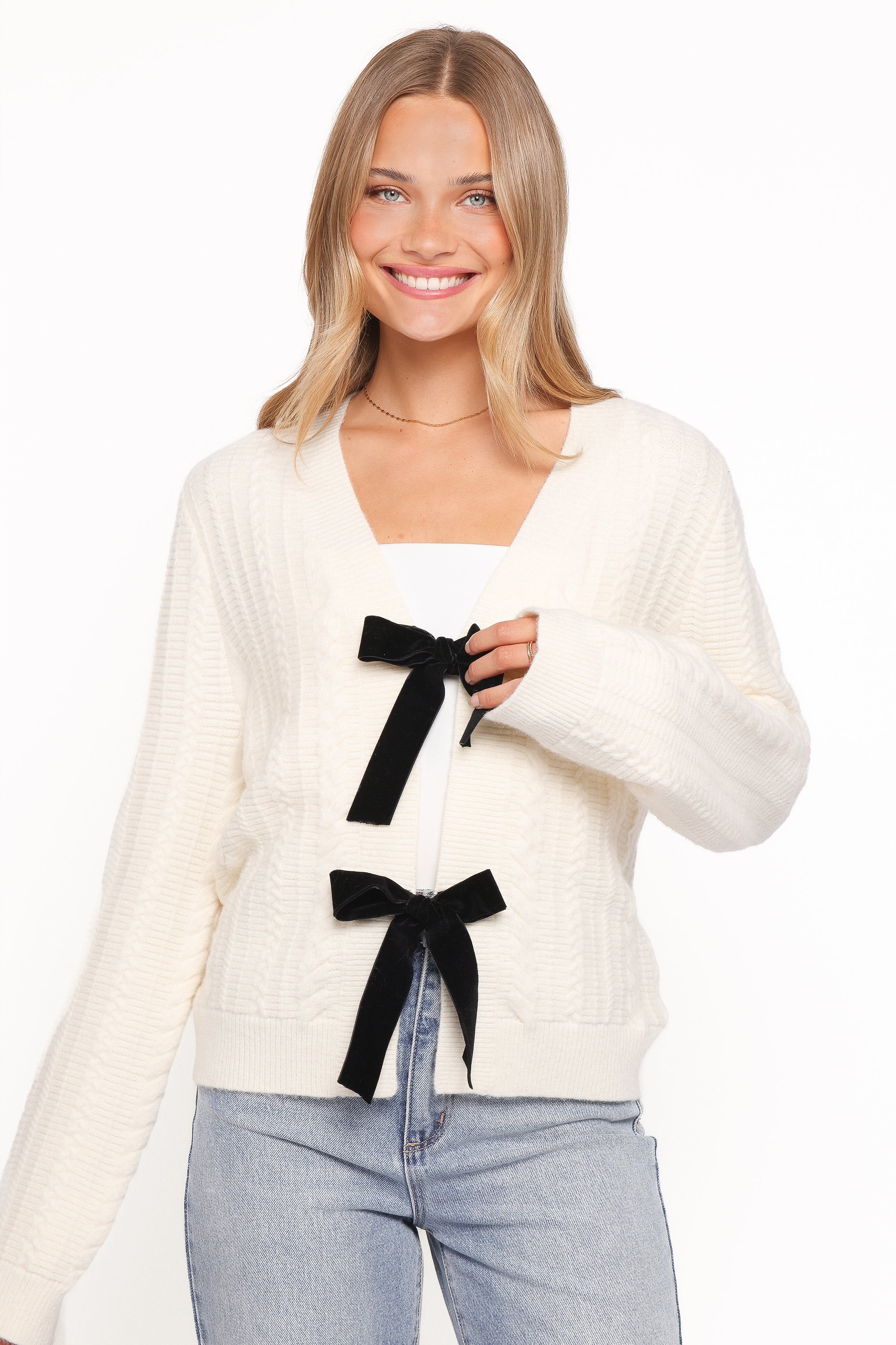 KNITWEAR Bree Velvet Bow Cardigan - Cream