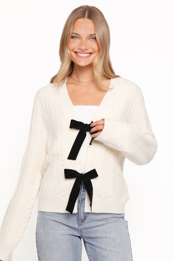 KNITWEAR Bree Velvet Bow Cardigan - Cream