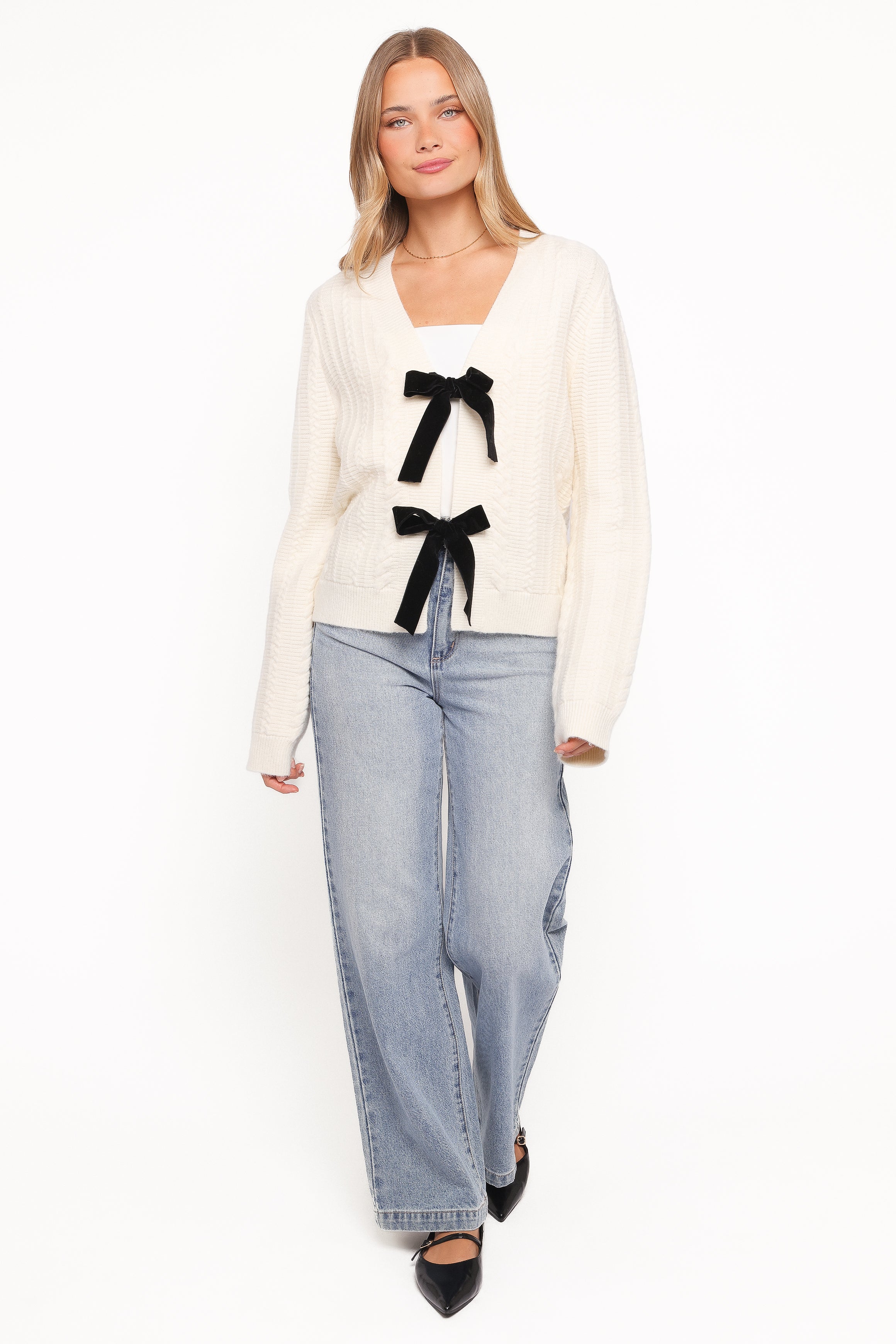 KNITWEAR Bree Velvet Bow Cardigan - Cream