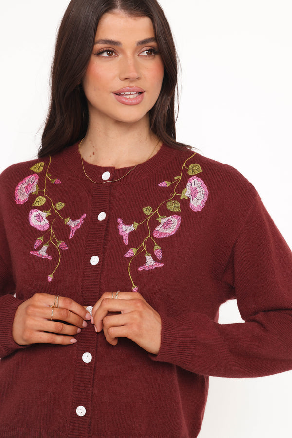 KNITWEAR Brittany Placed Embroidery Flower Cardigan - Burgundy
