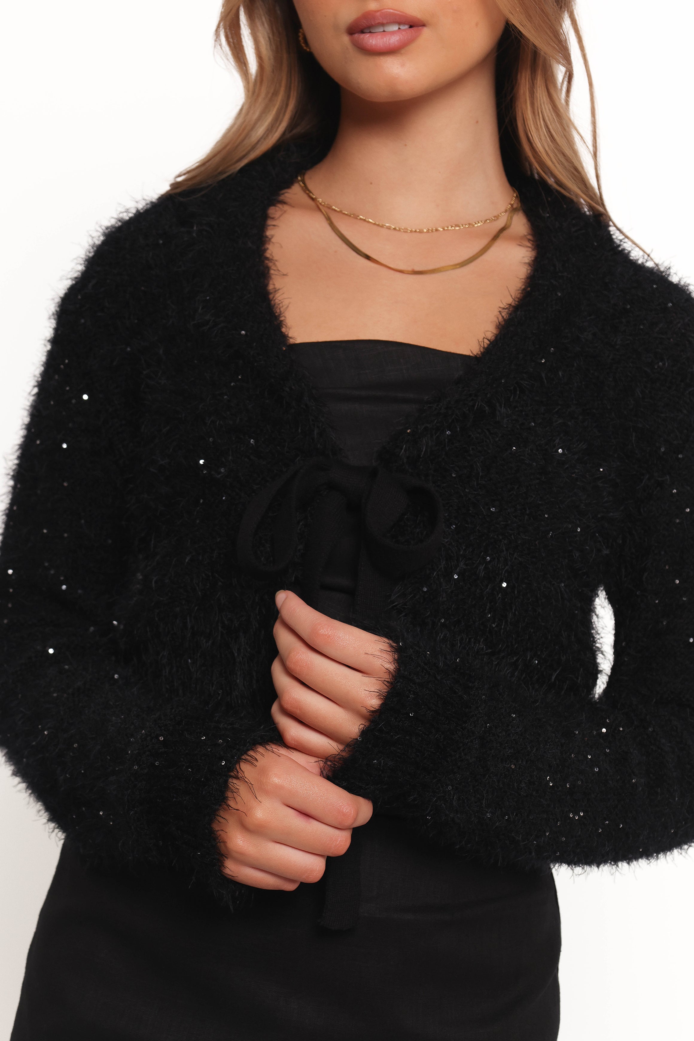 KNITWEAR Capra Fuzzy Tie Front Cardigan - Black