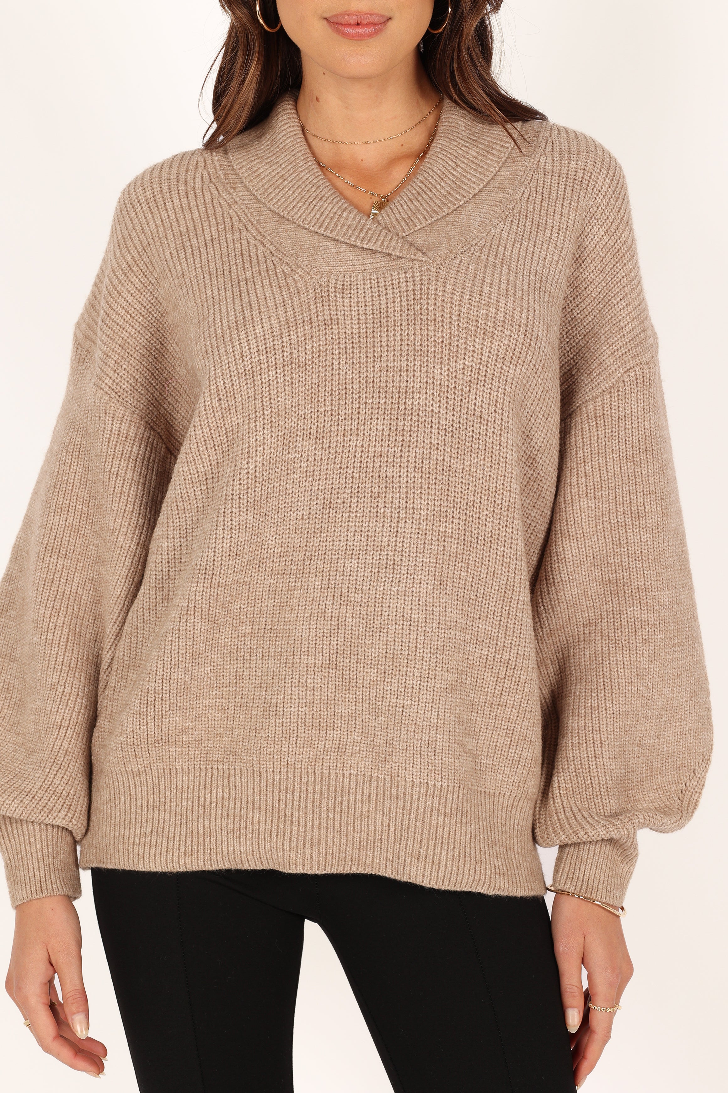 KNITWEAR @Carly Collar Knit Sweater - Oatmeal