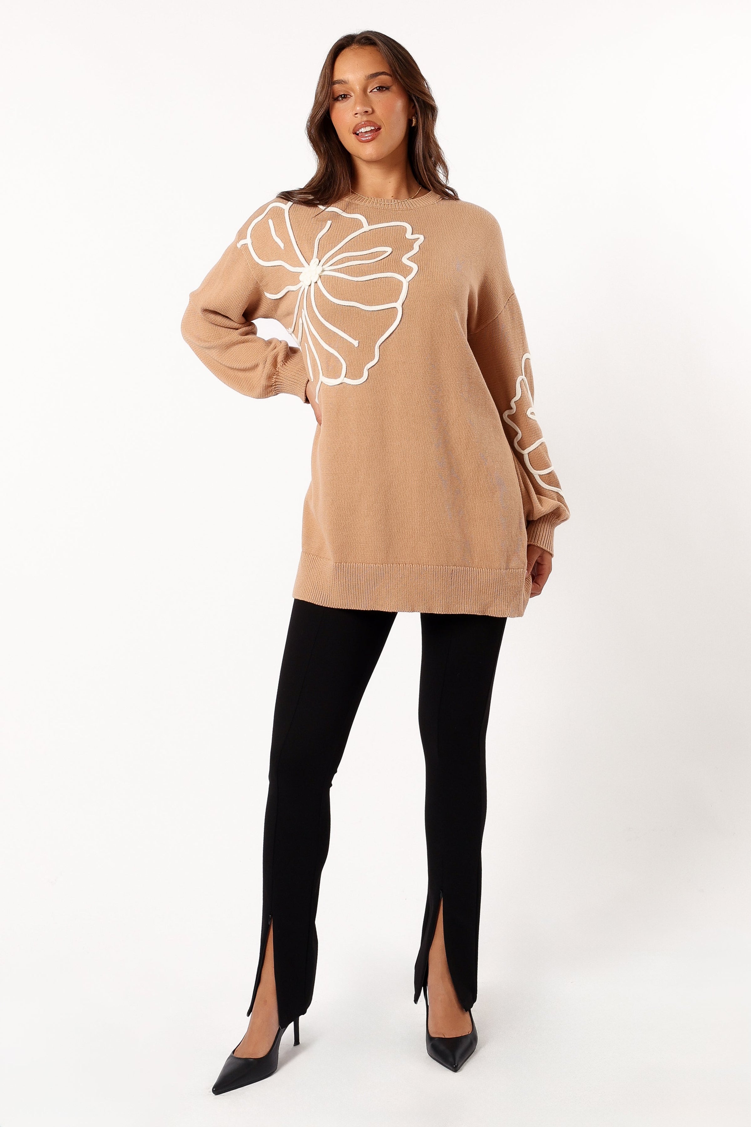 KNITWEAR @Carmello Flower Knit Sweater - Mocha