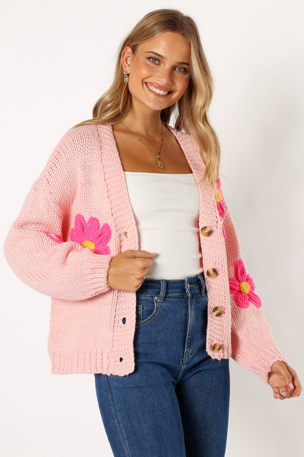 KNITWEAR @Clementine Flower Embroiderd Open Front Cardigan - Pink