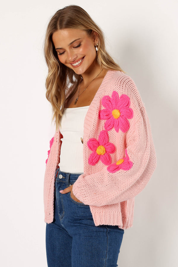 KNITWEAR @Clementine Flower Embroiderd Open Front Cardigan - Pink