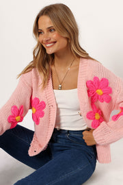 KNITWEAR @Clementine Flower Embroiderd Open Front Cardigan - Pink