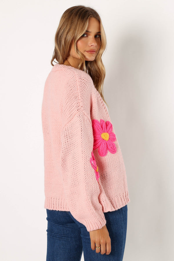 KNITWEAR @Clementine Flower Embroiderd Open Front Cardigan - Pink