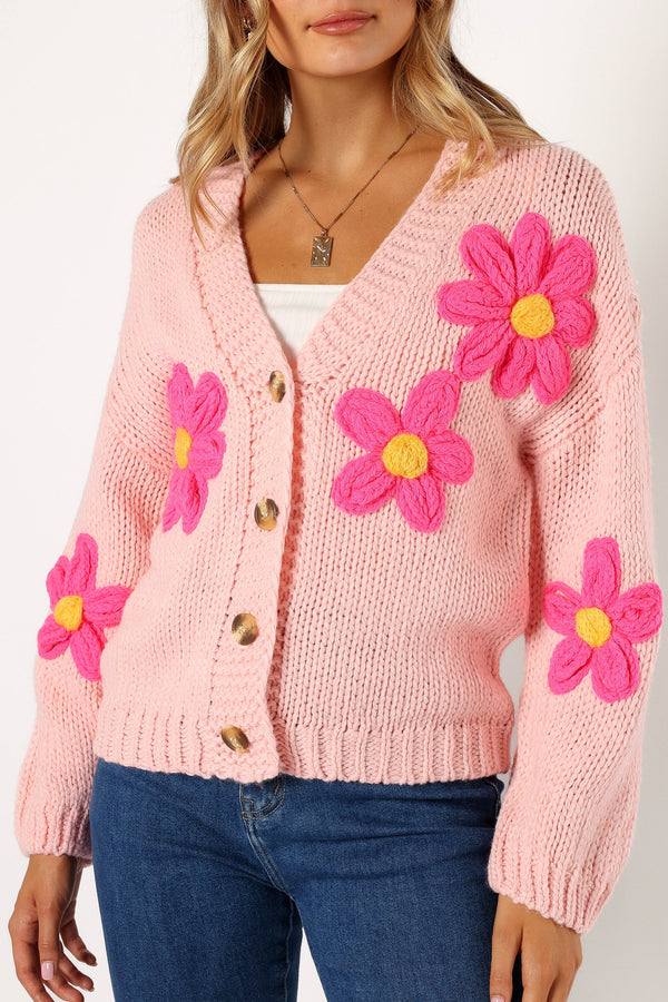 KNITWEAR @Clementine Flower Embroiderd Open Front Cardigan - Pink