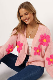 KNITWEAR @Clementine Flower Embroiderd Open Front Cardigan - Pink