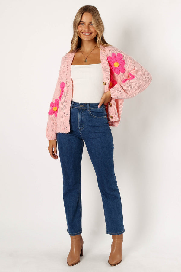 KNITWEAR @Clementine Flower Embroiderd Open Front Cardigan - Pink