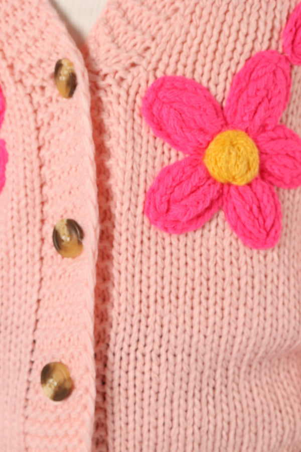 KNITWEAR @Clementine Flower Embroiderd Open Front Cardigan - Pink