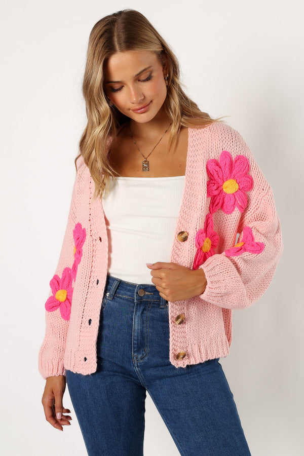 KNITWEAR @Clementine Flower Embroiderd Open Front Cardigan - Pink