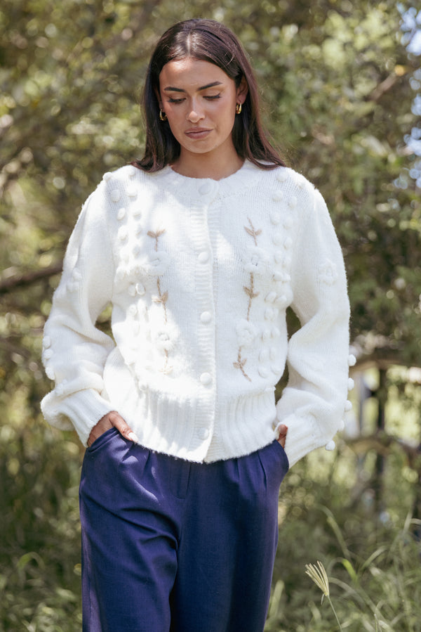 KNITWEAR Cleo Floral Cardigan - Cream