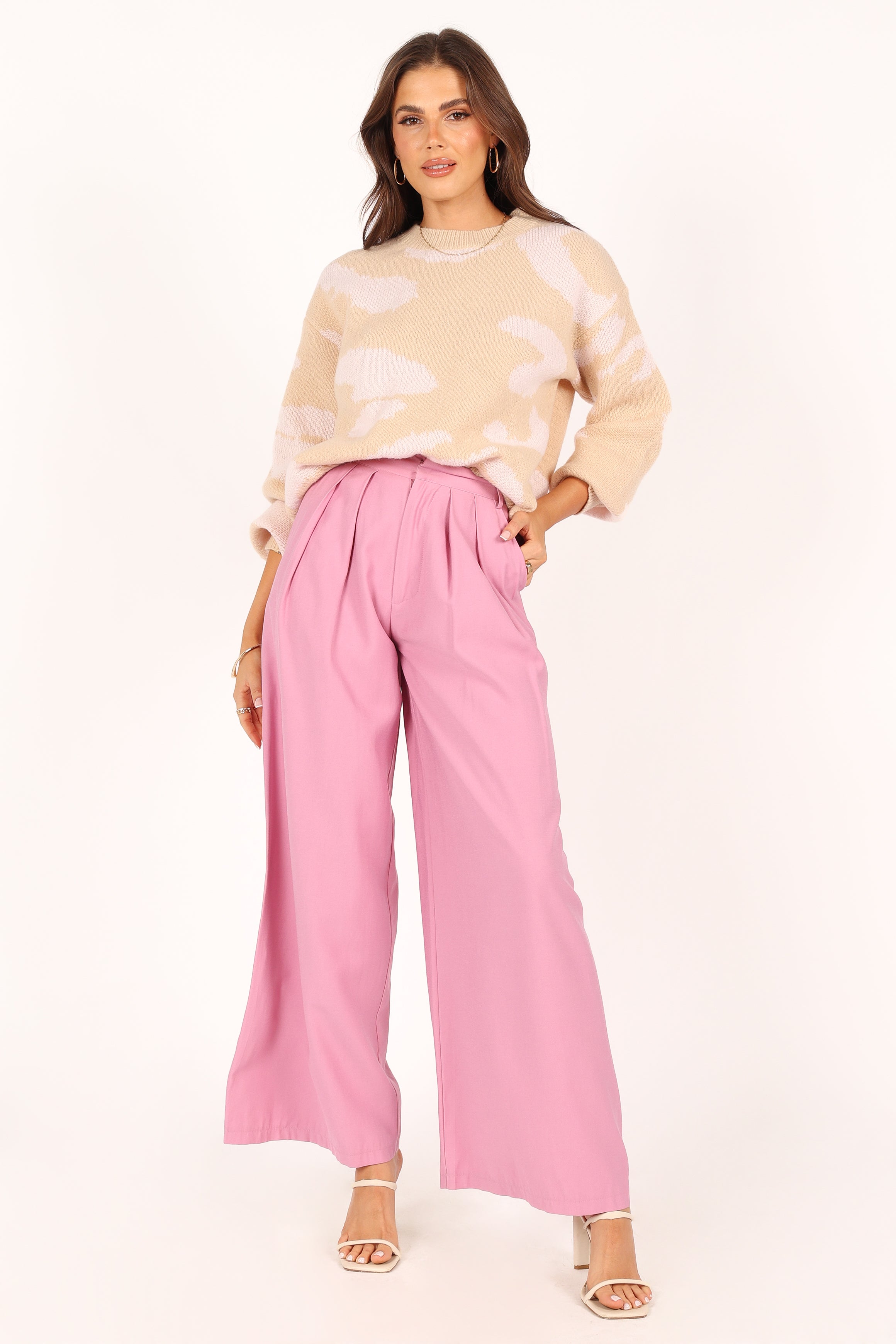 KNITWEAR @Cora Two Tone Print Knit Sweater - Beige