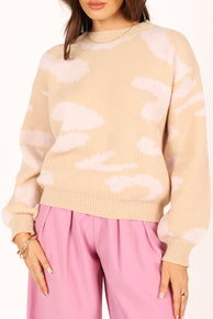 KNITWEAR @Cora Two Tone Print Knit Sweater - Beige