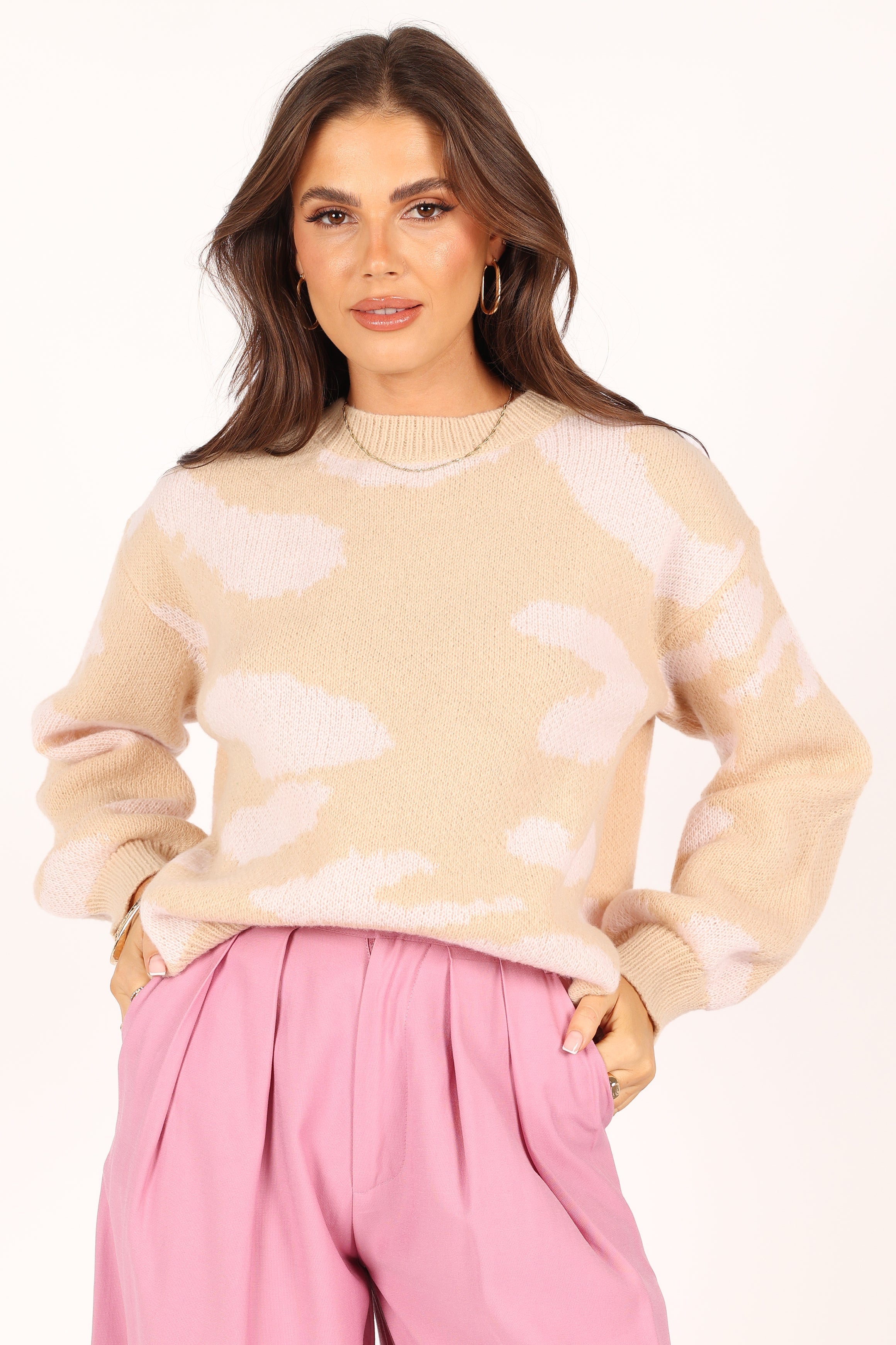KNITWEAR @Cora Two Tone Print Knit Sweater - Beige