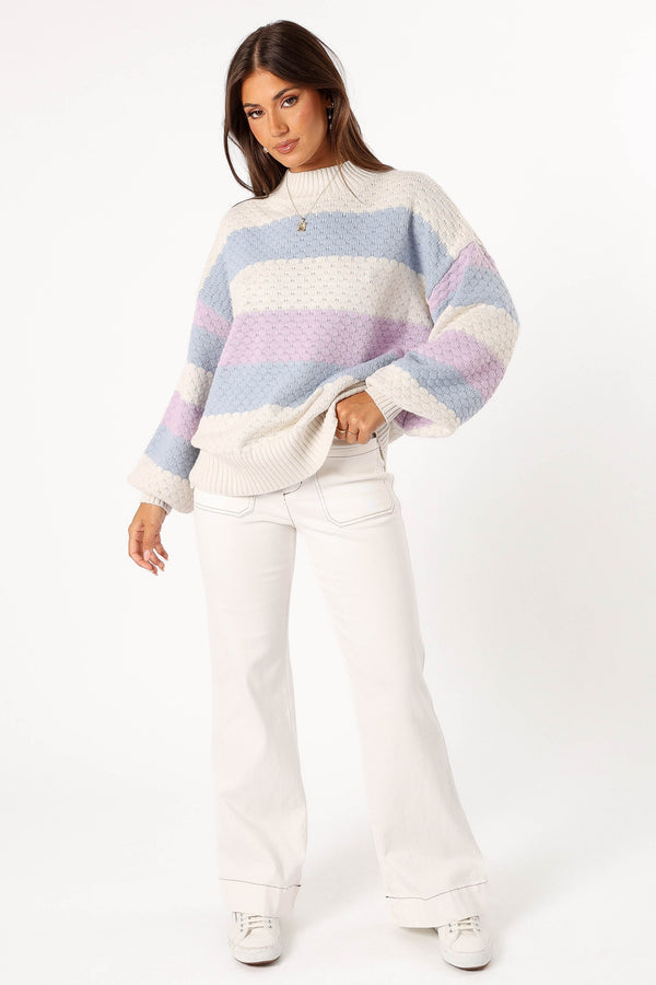 KNITWEAR @Dani Multi Stripe Knit Sweater - White/Light Blue