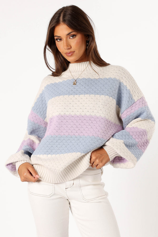 KNITWEAR @Dani Multi Stripe Knit Sweater - White/Light Blue