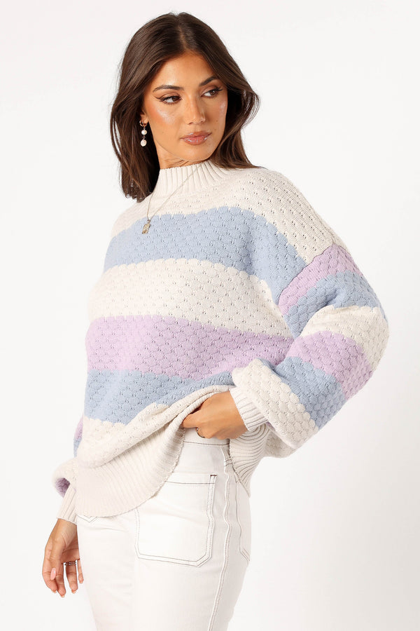 KNITWEAR @Dani Multi Stripe Knit Sweater - White/Light Blue