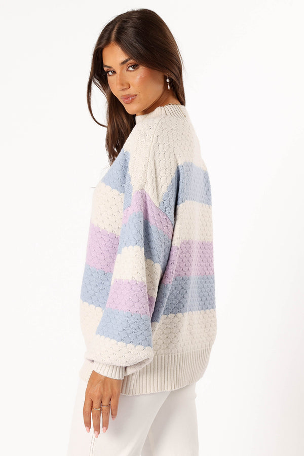 KNITWEAR @Dani Multi Stripe Knit Sweater - White/Light Blue