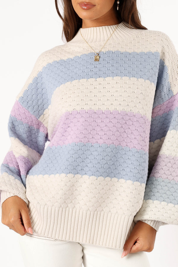 KNITWEAR @Dani Multi Stripe Knit Sweater - White/Light Blue