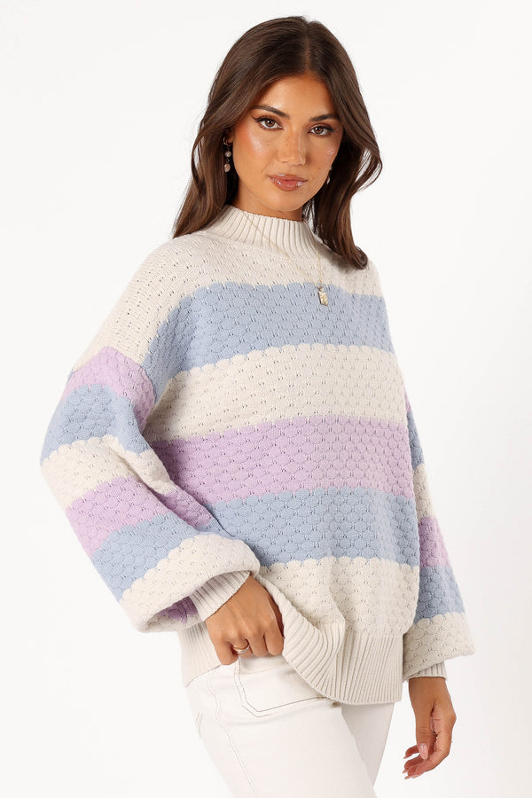 KNITWEAR @Dani Multi Stripe Knit Sweater - White/Light Blue