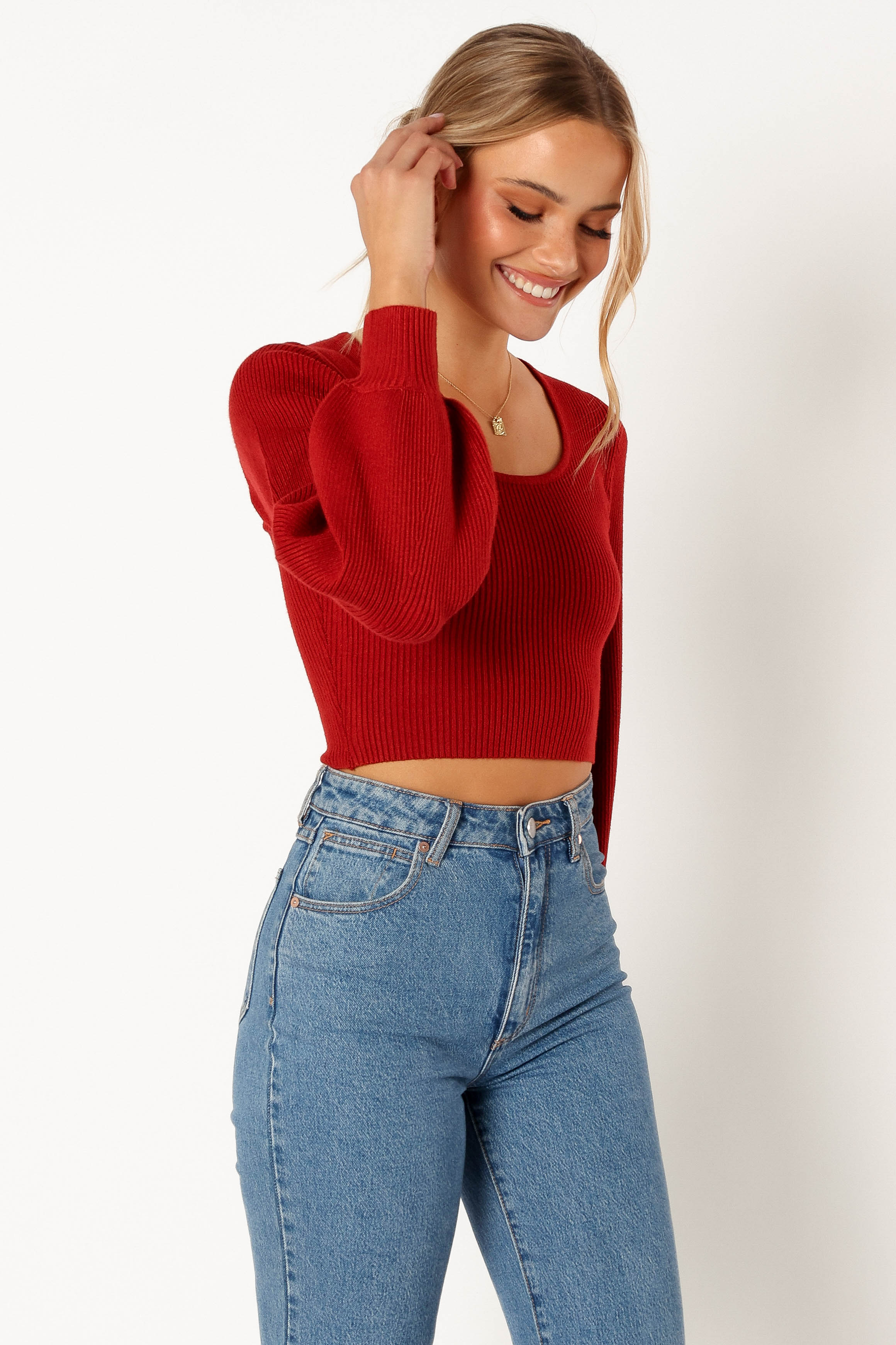 KNITWEAR @Daphne Crewneck Bubble Sleeve Knit Sweater - Burgundy