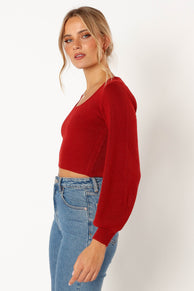 KNITWEAR @Daphne Crewneck Bubble Sleeve Knit Sweater - Burgundy