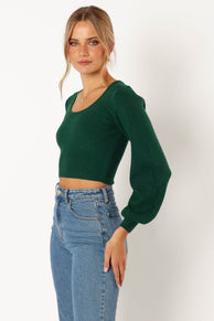 KNITWEAR @Daphne Crewneck Bubble Sleeve Knit Sweater - Dark Green