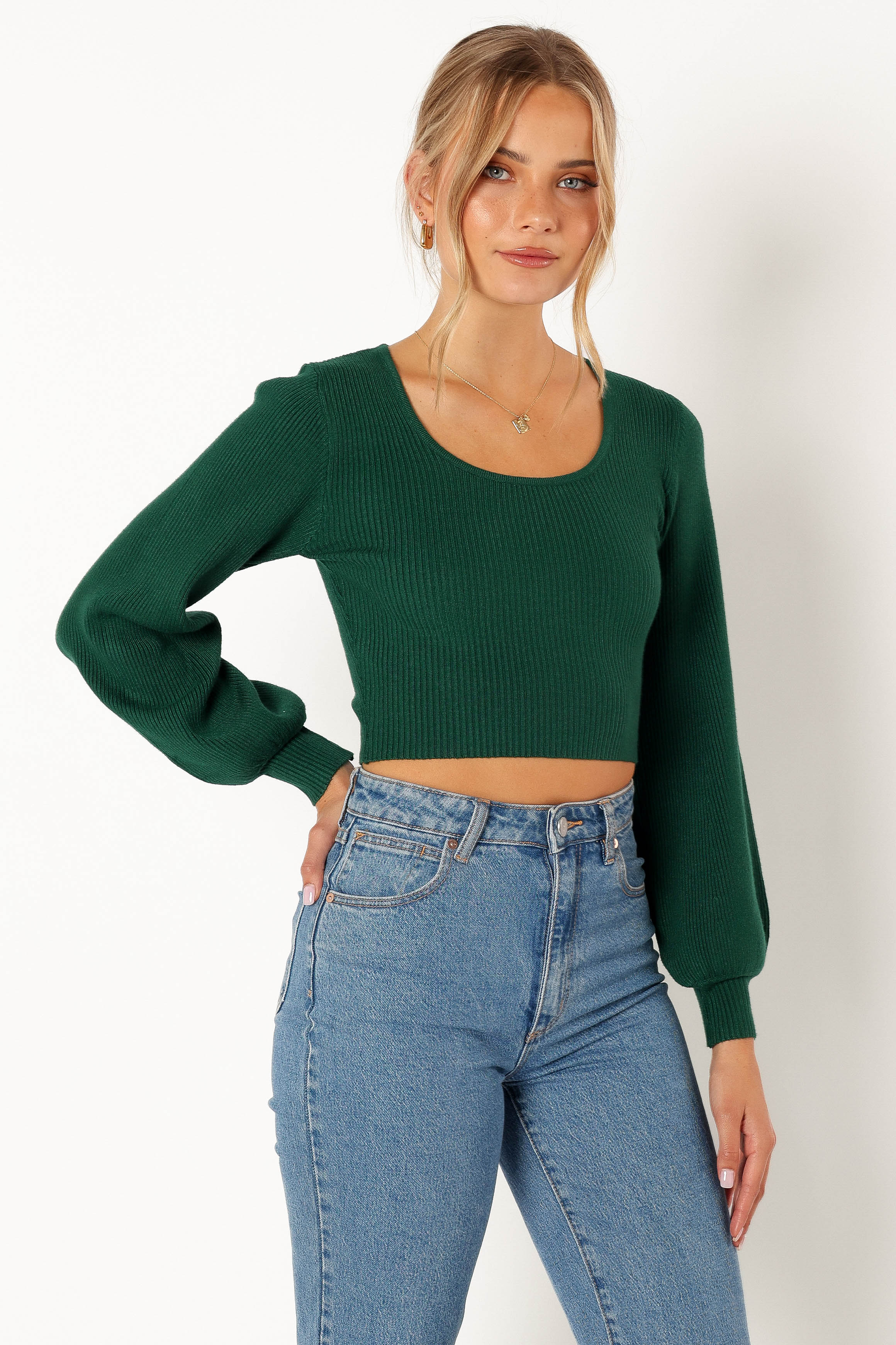 KNITWEAR @Daphne Crewneck Bubble Sleeve Knit Sweater - Dark Green