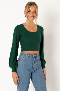 KNITWEAR @Daphne Crewneck Bubble Sleeve Knit Sweater - Dark Green