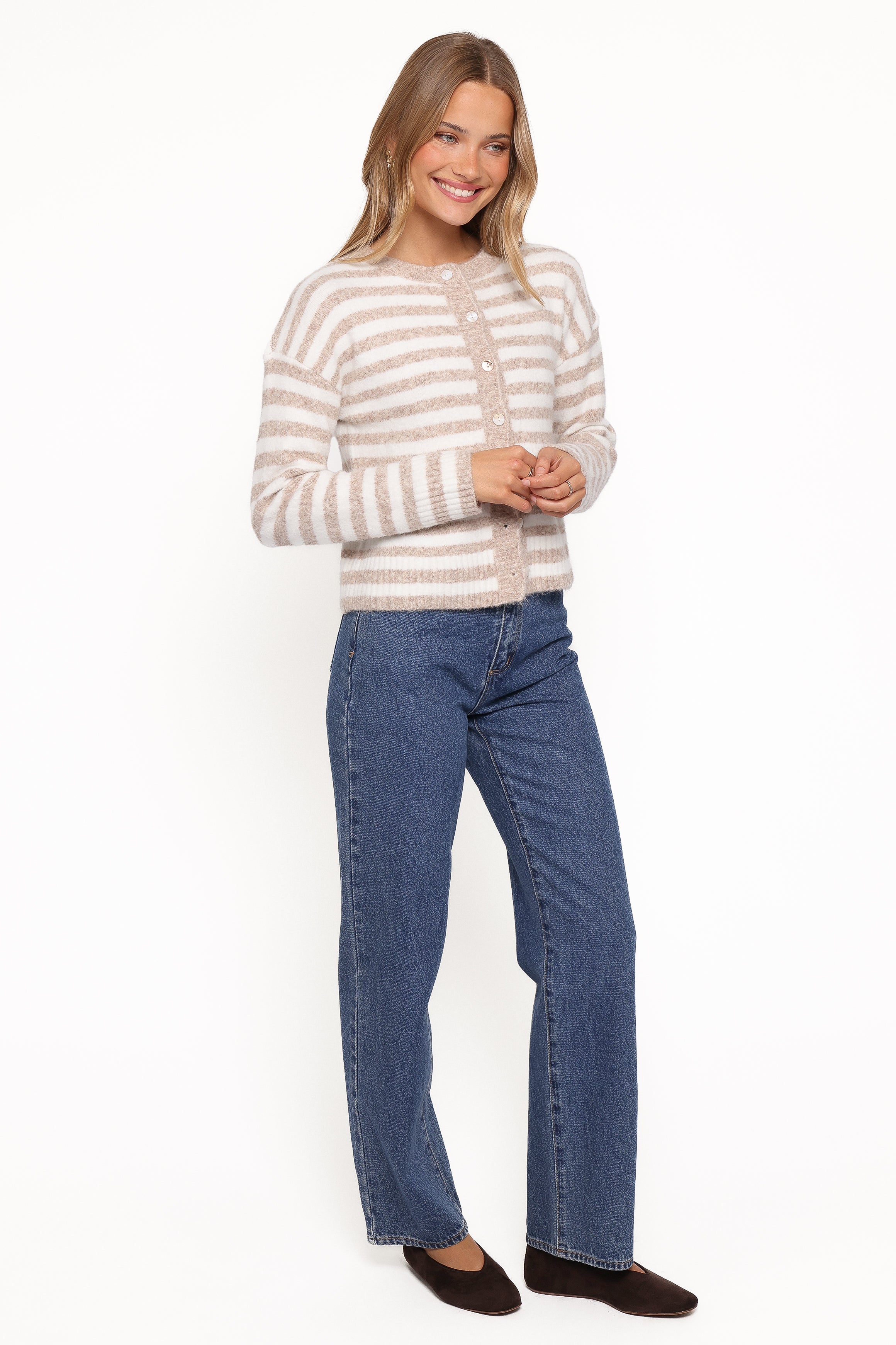 KNITWEAR Dean Striped Cardigan - White/Beige