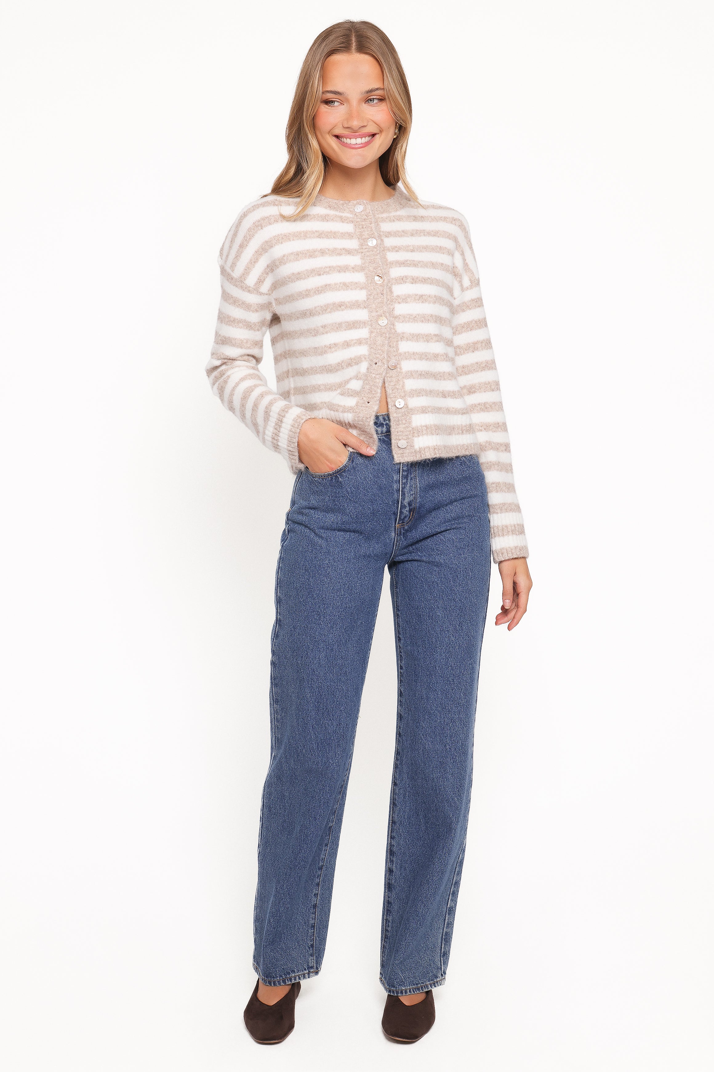 KNITWEAR Dean Striped Cardigan - White/Beige