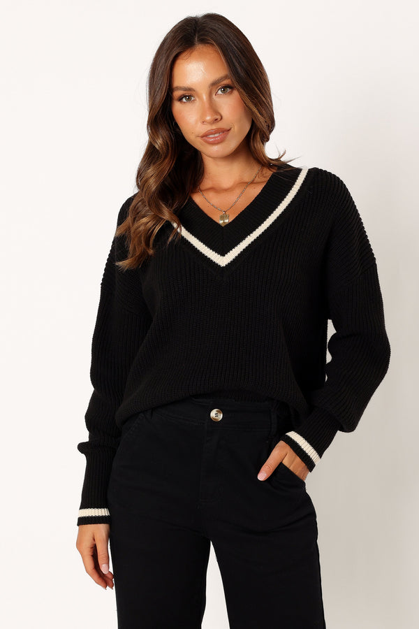 KNITWEAR @Dominique Contrast Vneck Knit Sweater - Black/Cream