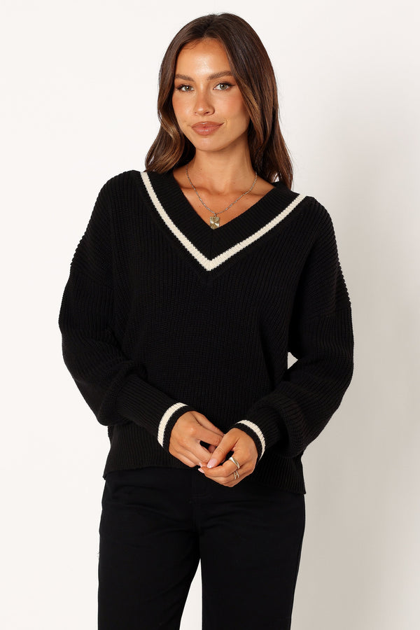 KNITWEAR @Dominique Contrast Vneck Knit Sweater - Black/Cream