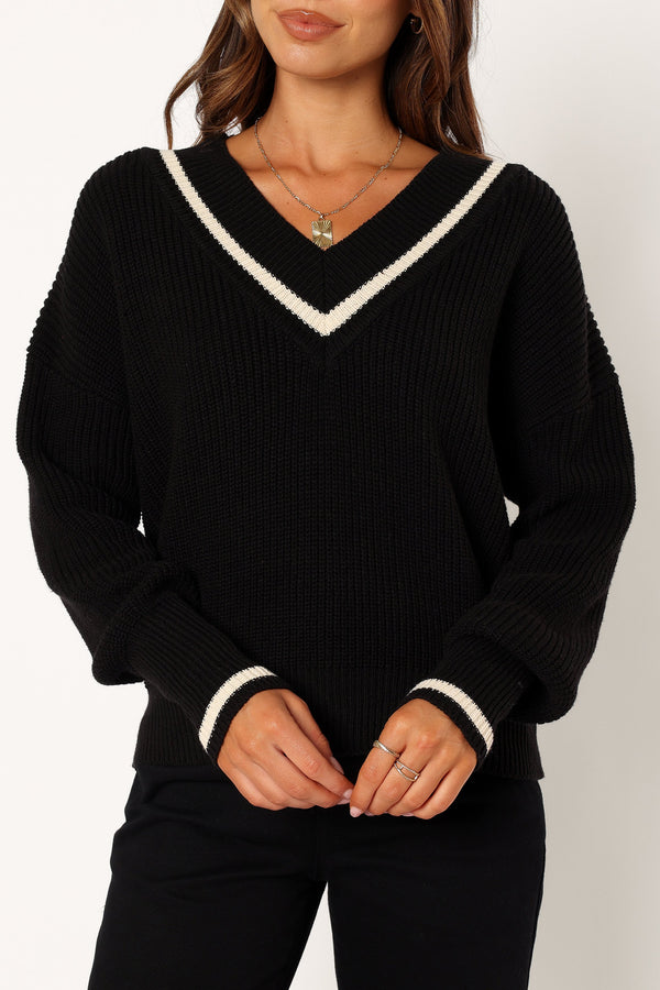 KNITWEAR @Dominique Contrast Vneck Knit Sweater - Black/Cream