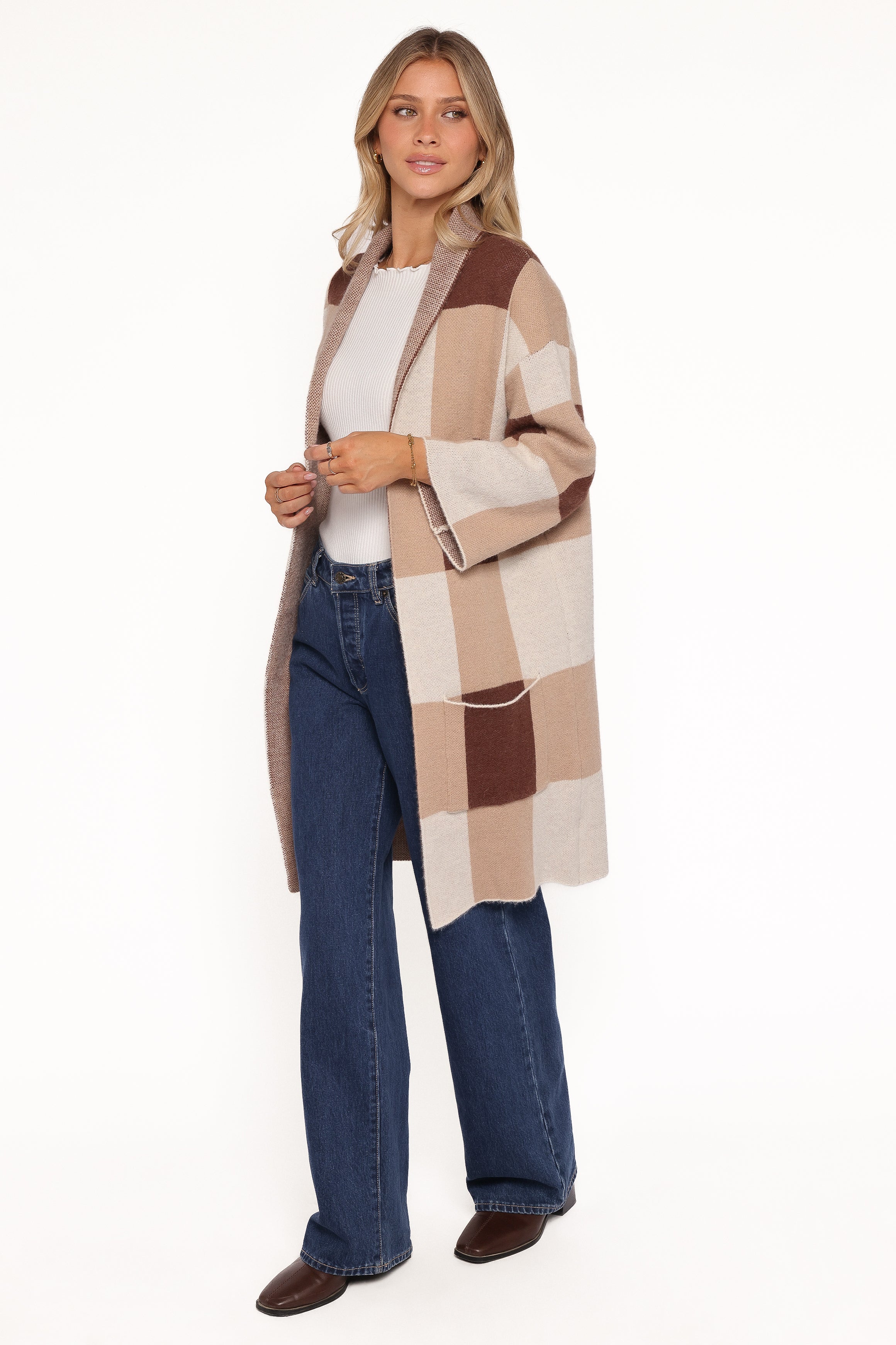KNITWEAR Ecoya Long Cardigan - Brown Plaid