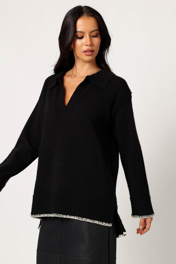 KNITWEAR @Elise Contrast Hem Knit Sweater - Black