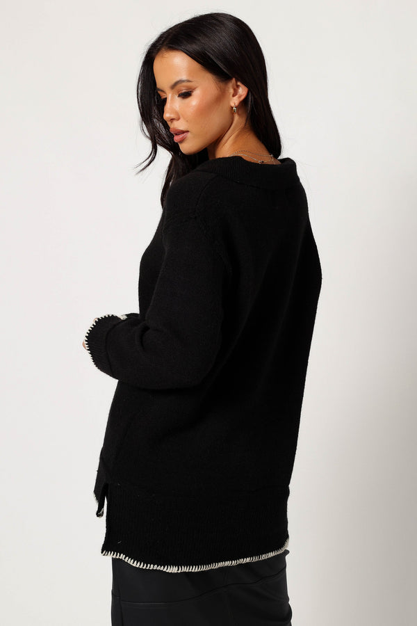 KNITWEAR @Elise Contrast Hem Knit Sweater - Black